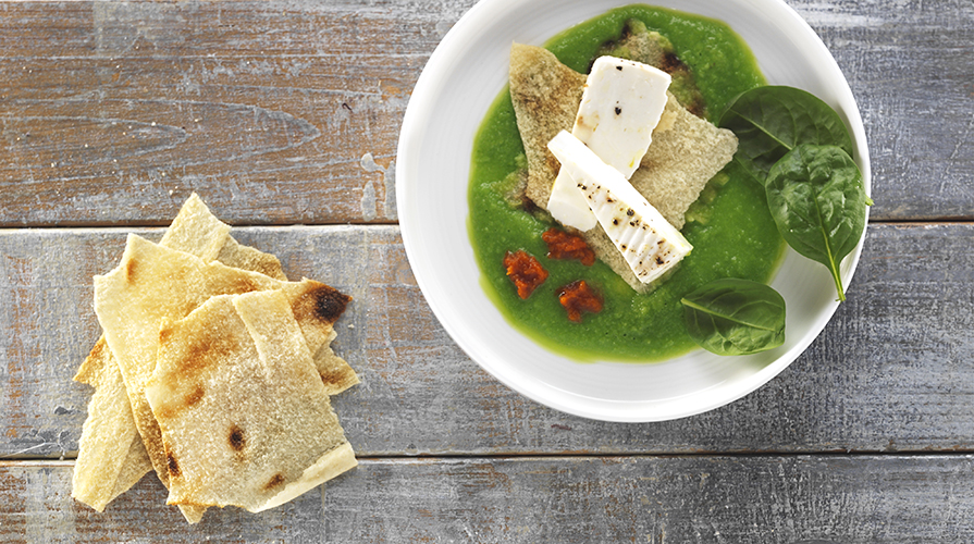 Schiacciata di pane guttiau con Primosale e Hummus di Piselli