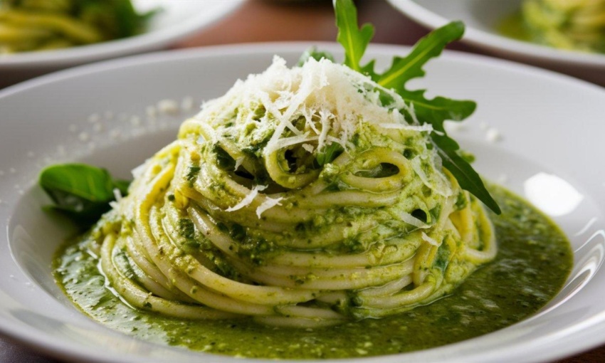 spaghetti con pesto di rucola