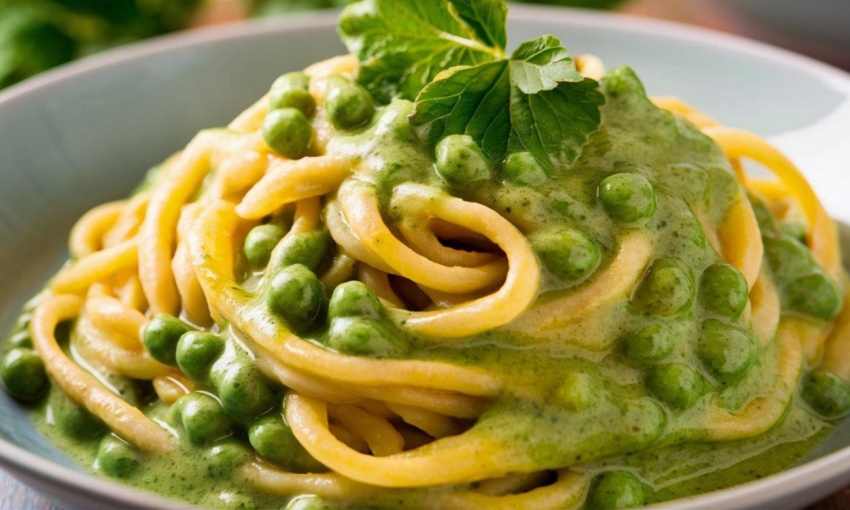 spaghetti con crema di piselli