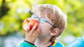 Bambino con occhiali che mangia una mela