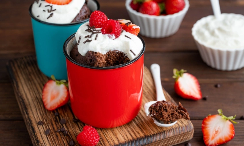 Mug cake al cioccolato con fragole e yogurt