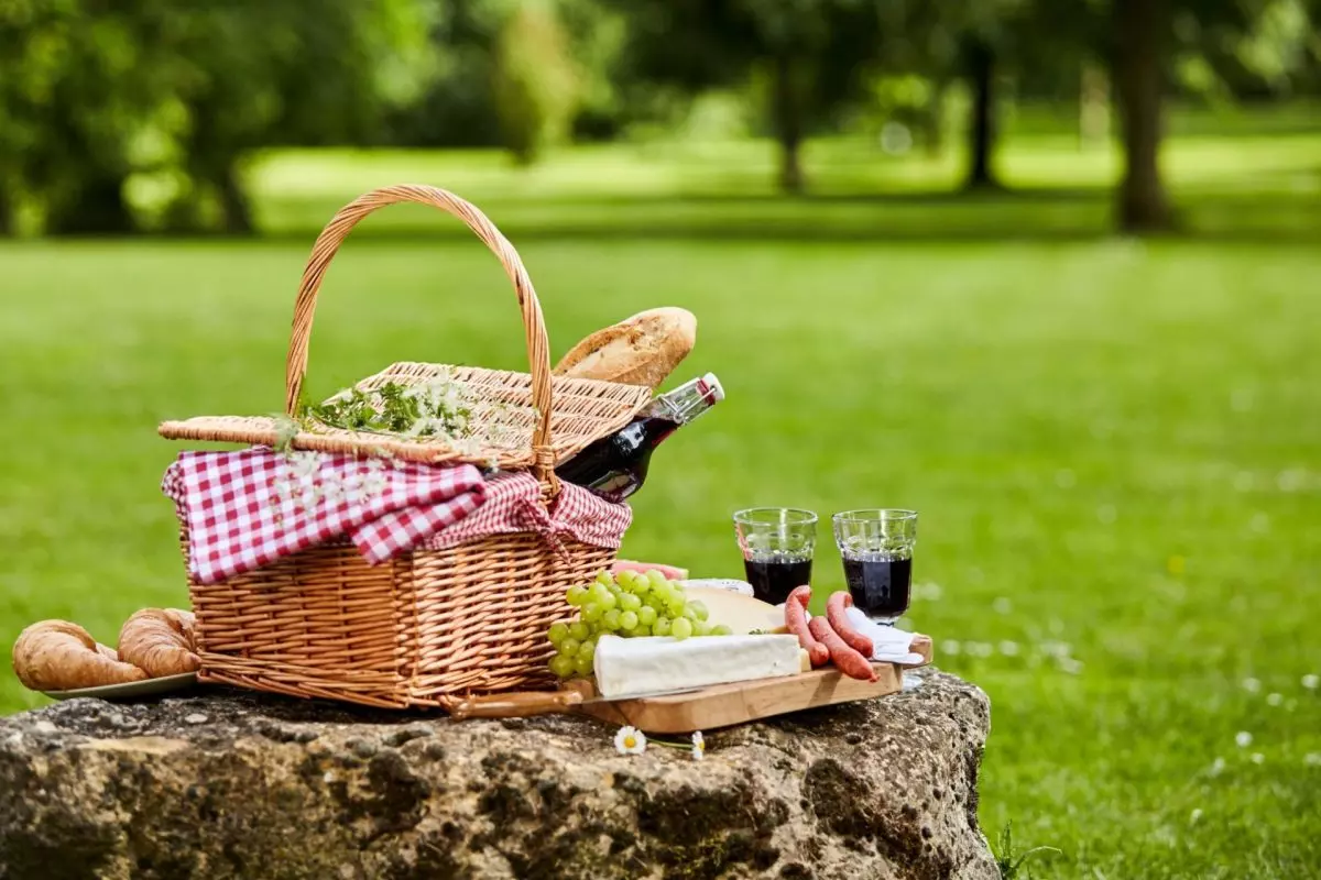 cesto di picnic con cibo e vino rosso