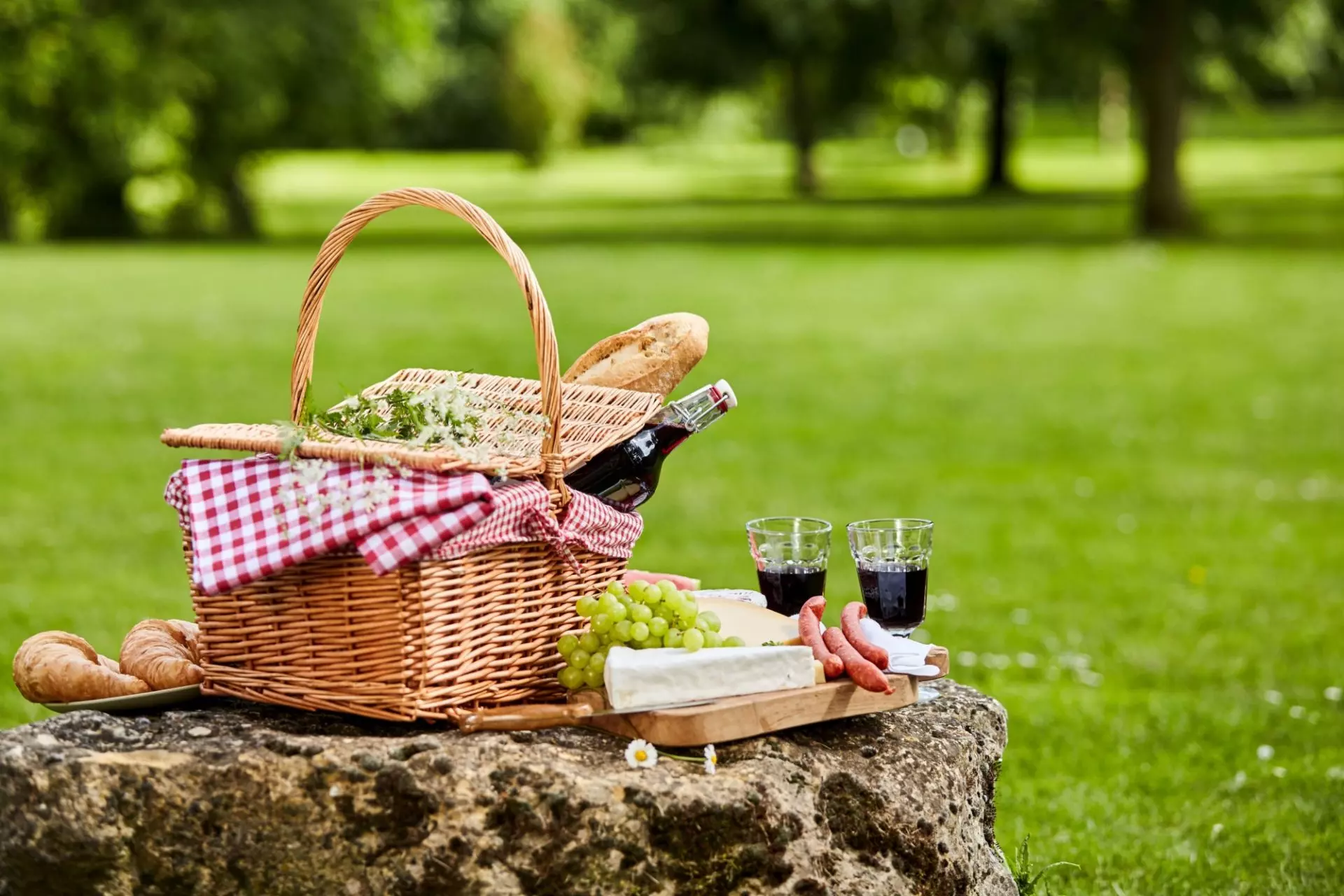 cesto di picnic con cibo e vino rosso