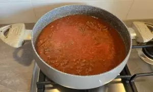 passata do pomodoro e carne macinata sfumata in precedenza con il vino rosso