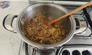 manzo e cipolla in cottura con tutti gli altri ingredienti