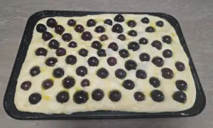 focaccia con l'uva pronta da infornare